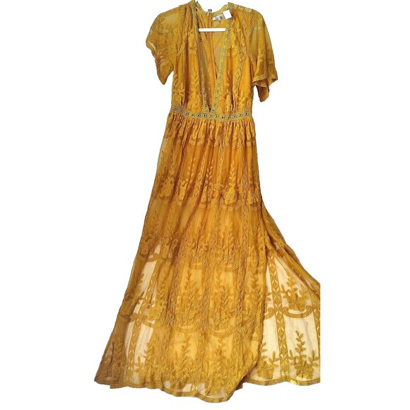 the clothing company Dresses & Skirts - Clothing Company Womens Mustard Yellow Embroidered Sheer Lace Boho Maxi Romper L